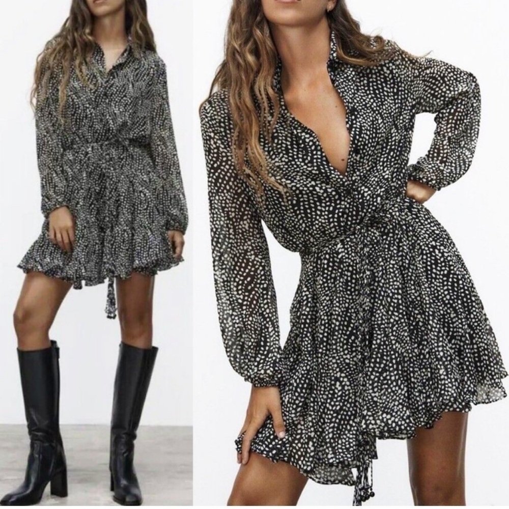 Zara Black and White Patterned Long Sleeve Dress Size Medium. E50